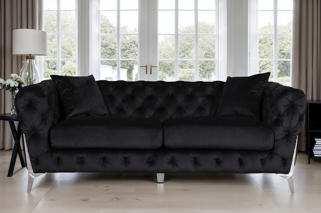 Velvet Fabric Chesterfield Black 3 Seater Alderley Sofa With Silver Feet