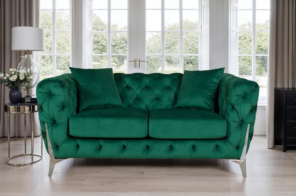 Velvet Fabric Chesterfield Bottle Green 2 Seater Alderley Sofa With Silver Feet