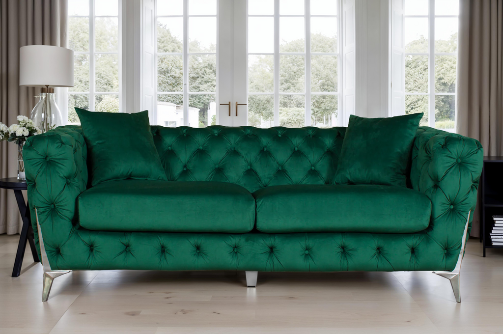Velvet Fabric Chesterfield Bottle Green 3 Seater Alderley Sofa With Silver Feet
