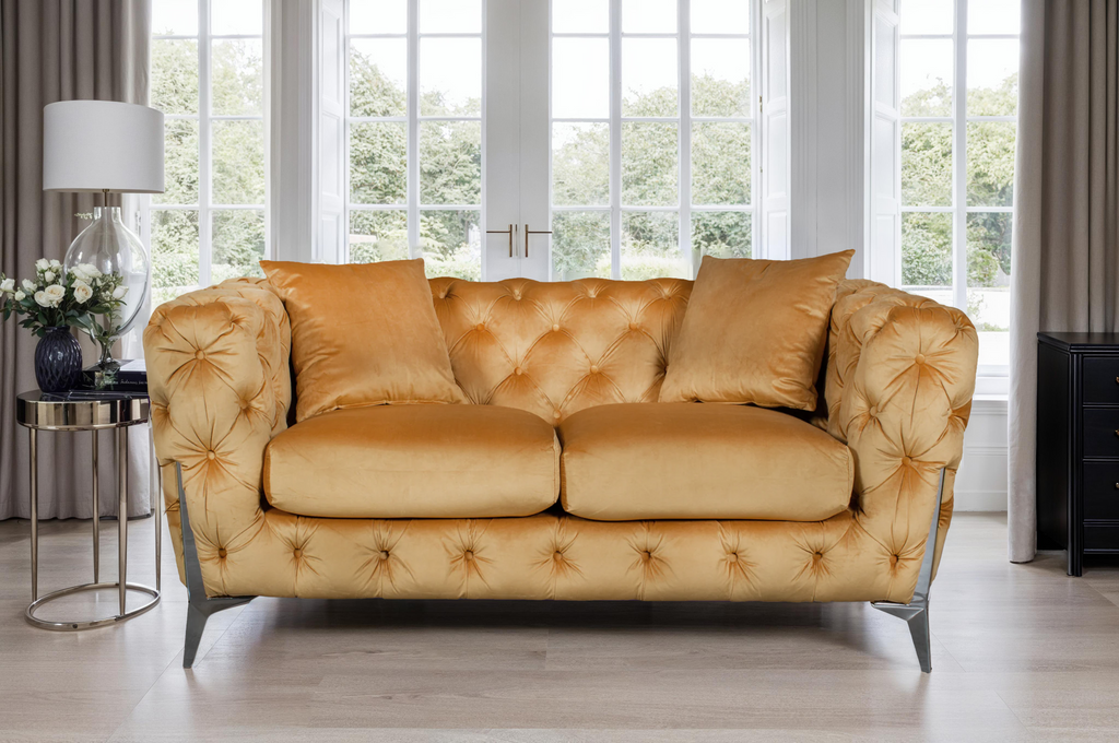 Velvet Fabric Chesterfield Gold 2 Seater Alderley Sofa With Silver Feet Background