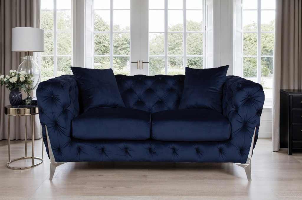 Velvet Fabric Chesterfield Navy Blue 2 Seater Alderley Sofa With Silver Feet