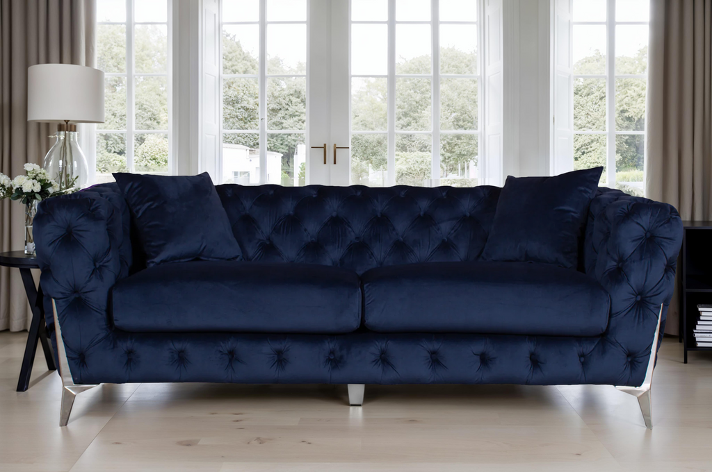 Velvet Fabric Chesterfield Navy Blue 3 Seater Alderley Sofa With Silver Feet