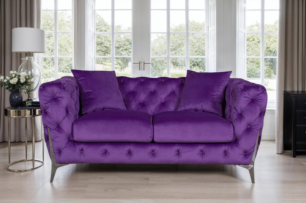 Velvet Fabric Chesterfield Purple 2 Seater Alderley Sofa With Silver Feet