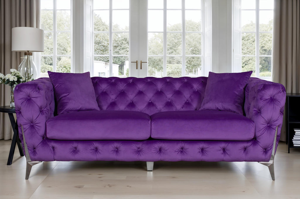 Velvet Fabric Chesterfield Purple 3 Seater Alderley Sofa With Silver Feet