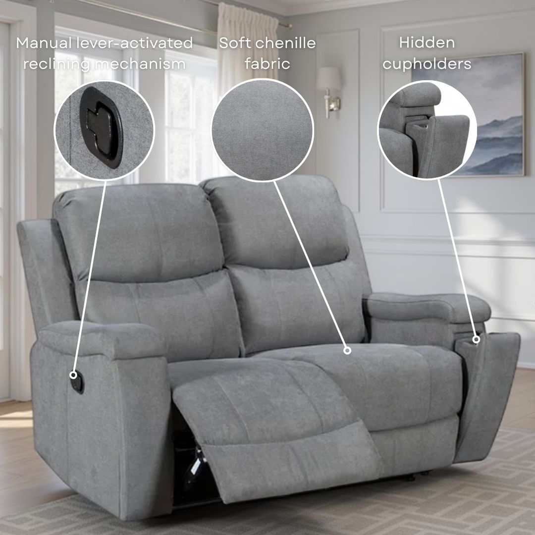 Chenille Fabric Dark Grey 2 Seater Manual Recliner Sofa VISCONTI