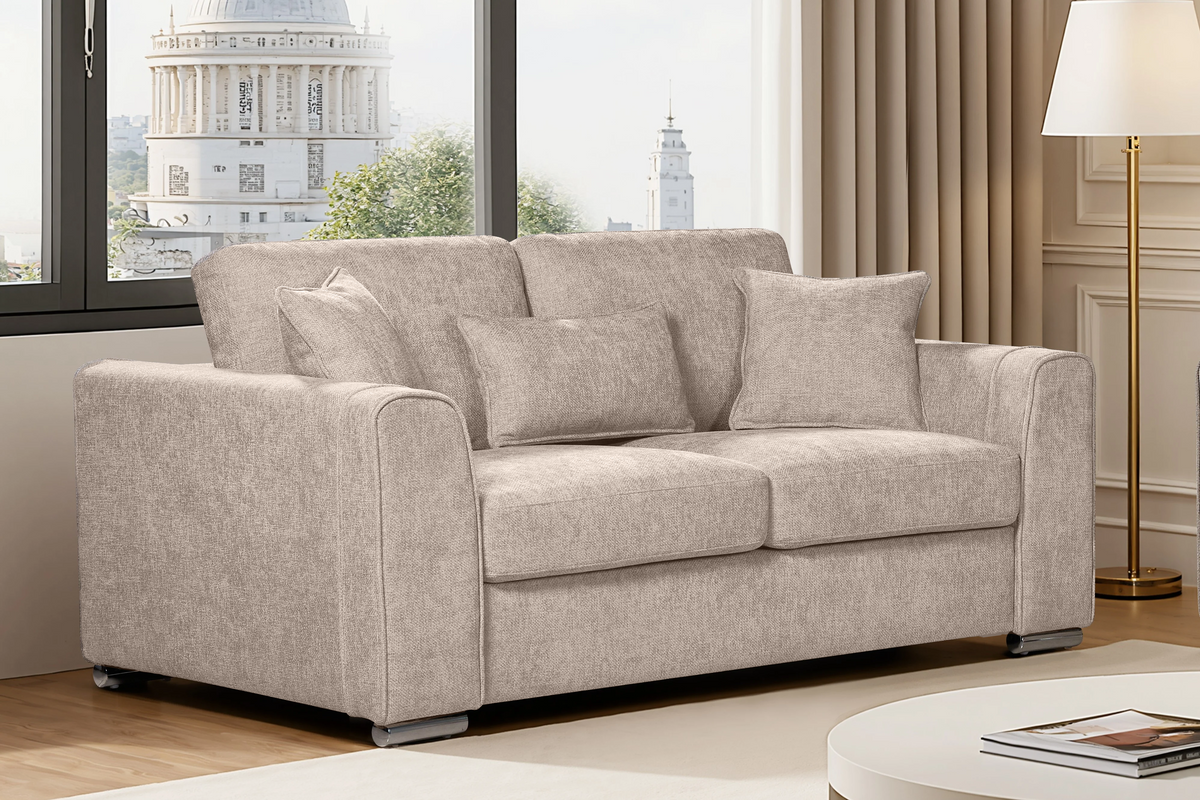 2 seater sofa upholstered in woven chenille in a living room setting