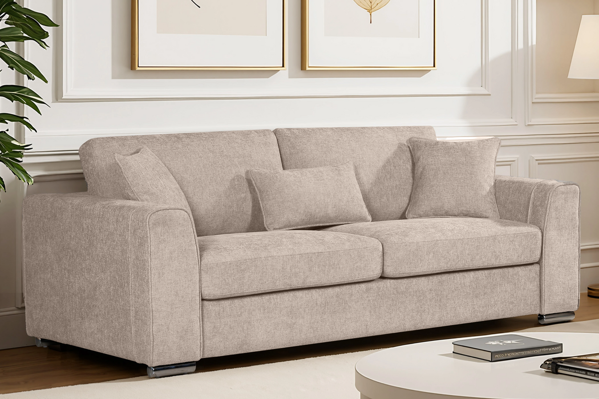 3 seater sofa upholstered in woven chenille in a living room setting