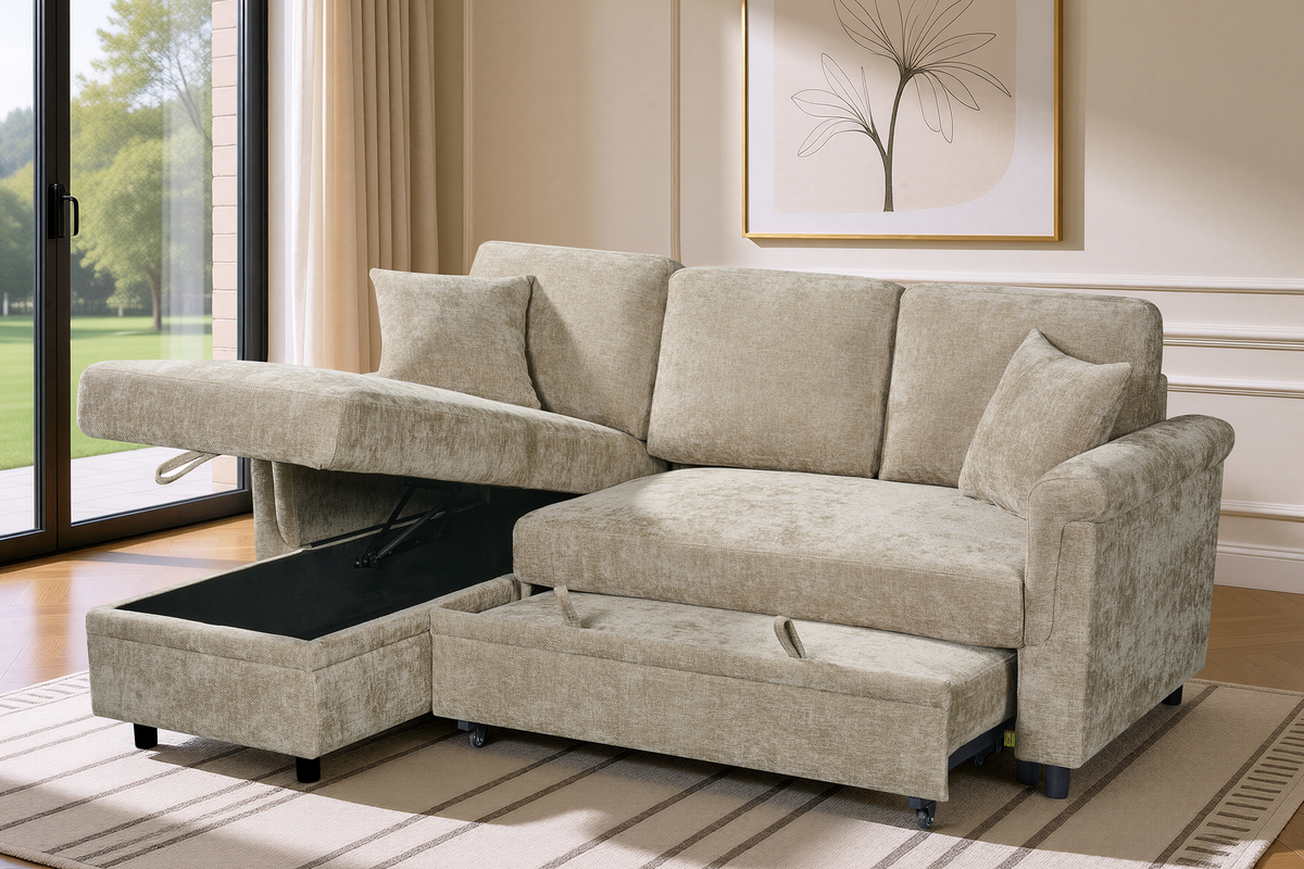 Woven Chenille Beige 1C2 Corner Sofabed with Chaise OSCAR