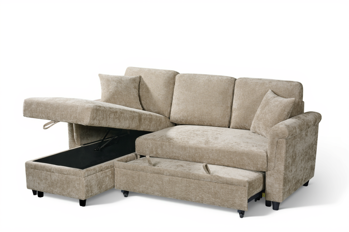 Woven Chenille Beige 1C2 Corner Sofabed with Chaise OSCAR