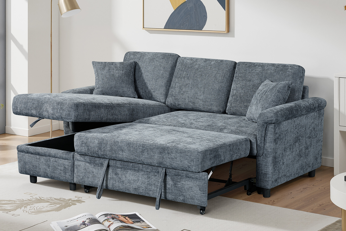 Woven Chenille Blue 1C2 Corner Sofabed with Chaise OSCAR