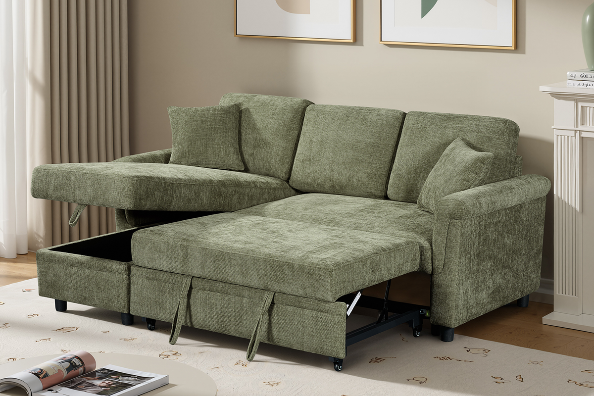 Woven Chenille Green 1C2 Corner Sofabed with Chaise OSCAR