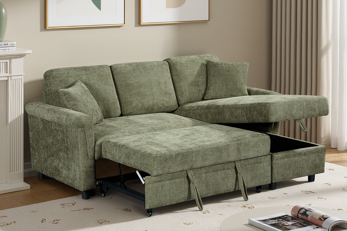 Woven Chenille Green 2C1 Corner Sofabed with Chaise OSCAR