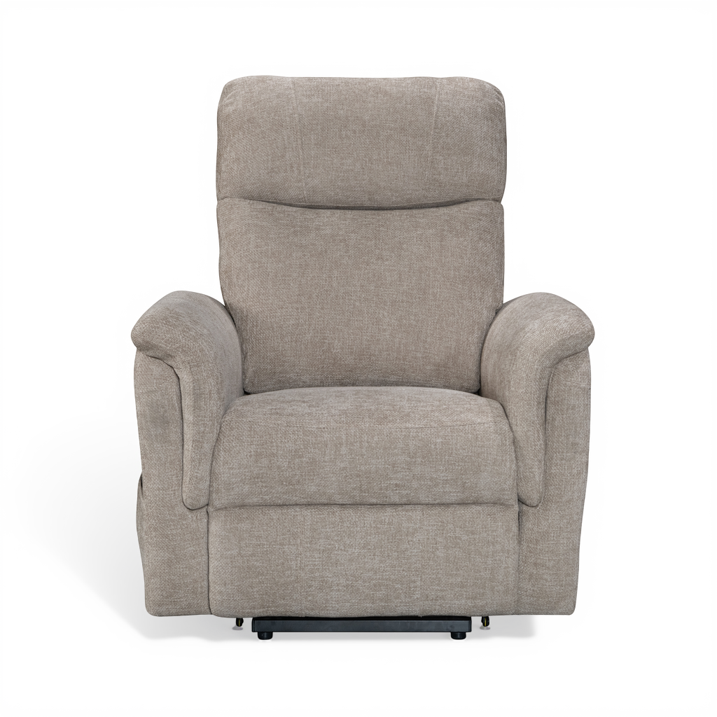 electric beige lift chair upholstered in chenille