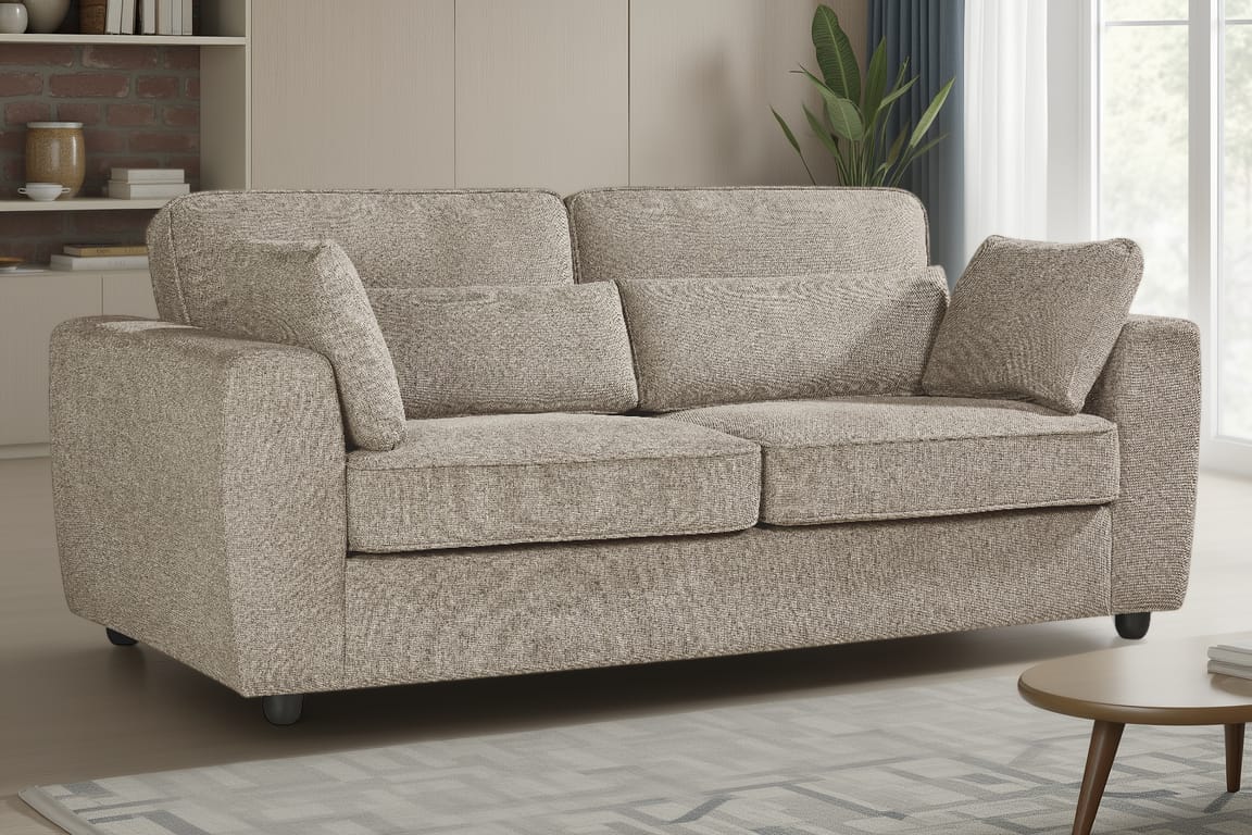 beige 3 seater sofa upholstered in soft beige chenille fabric with fixed back cushions and additional accent cushions in a living room setting