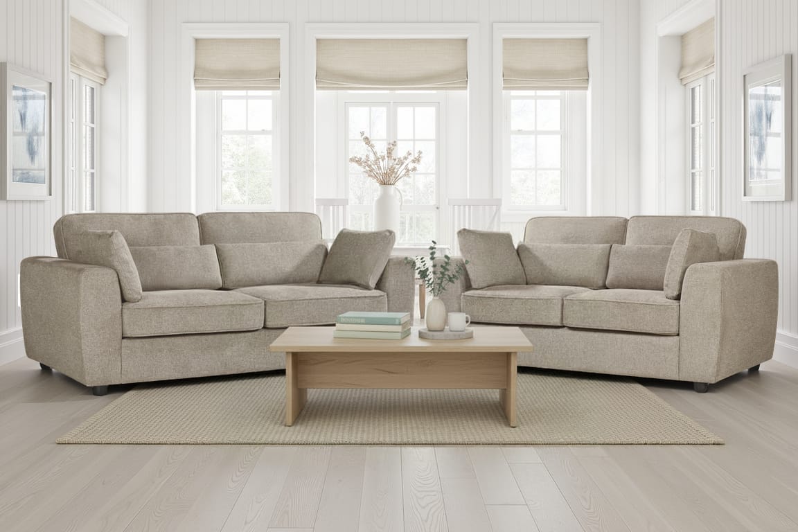 beige chenille 3 seater sofa and 2 seater sofa set with bolster cushions and accent cushions