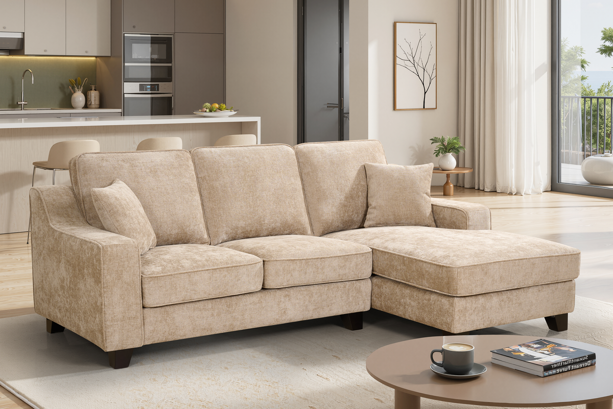 l-shaped corner sofa with right hand facing chaise section upholstered in beige chenille fabric in modern style
