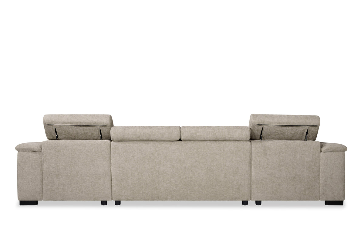 Danny beige chenille 4 seater U-shaped corner sofa bed with both chaise storage compartments open, adjustable headrests and black legs.
