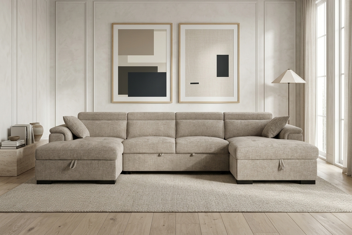 Danny beige chenille 4 seater U-shaped corner sofa bed with both chaise storage compartments open, adjustable headrests and black legs in a living room.