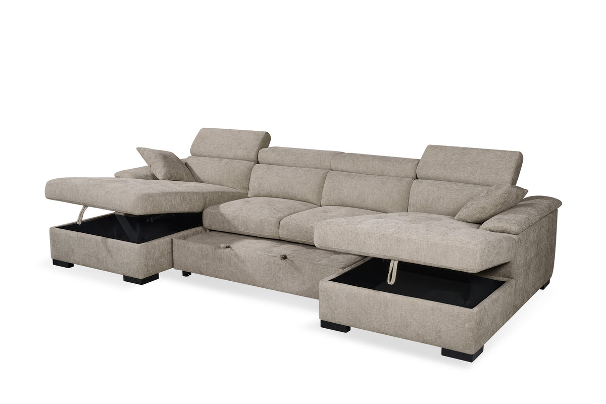 Danny beige chenille 4 seater U-shaped corner sofa bed with both chaise storage compartments open, adjustable headrests and black legs.
