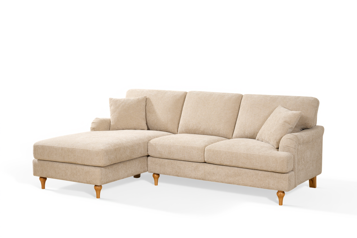 l-shaped sofa in modern style upholstered in beige textured chenille with left hand facing chaise section