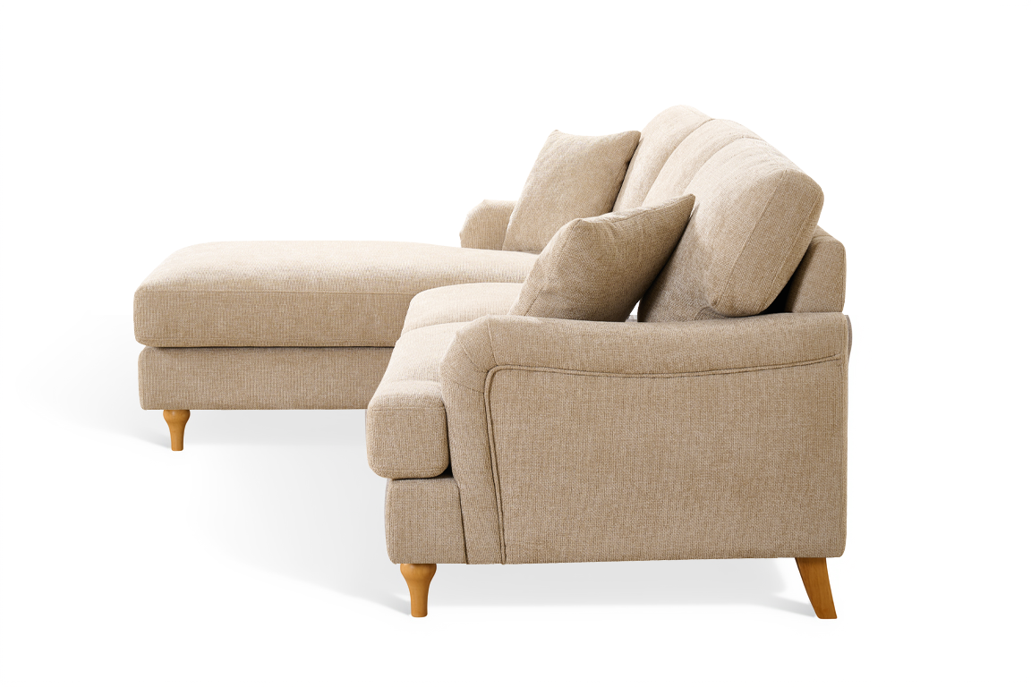 l-shaped sofa in modern style upholstered in beige textured chenille with left hand facing chaise section