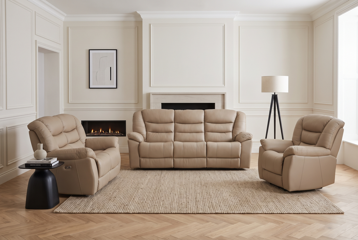 Beige Leather Electric 3 + 2 + 1 Seater Recliner Sofa GIOVANNI
