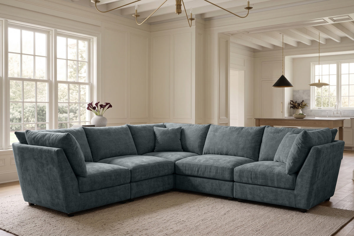 Blue Chenille Fabric 5 Seater Modular Corner Sofa MADDIE