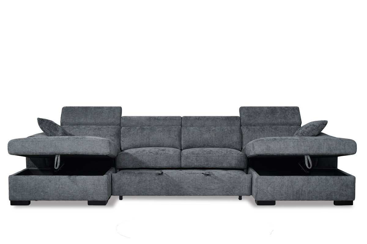 Blue Chenille 4 Seater U-Shaped Sofa Bed with Storage DANNY