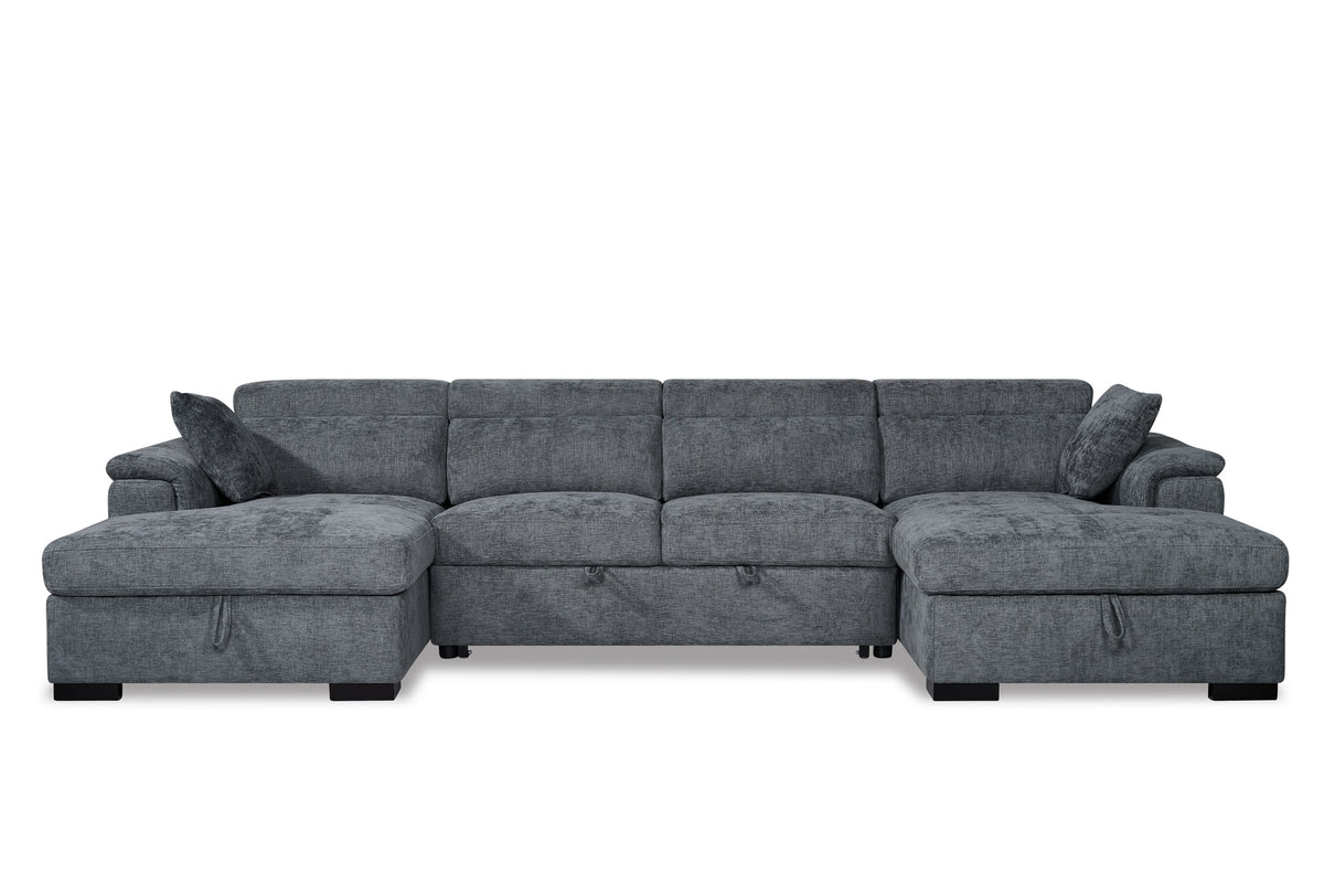 Blue Chenille 4 Seater U-Shaped Sofa Bed with Storage DANNY