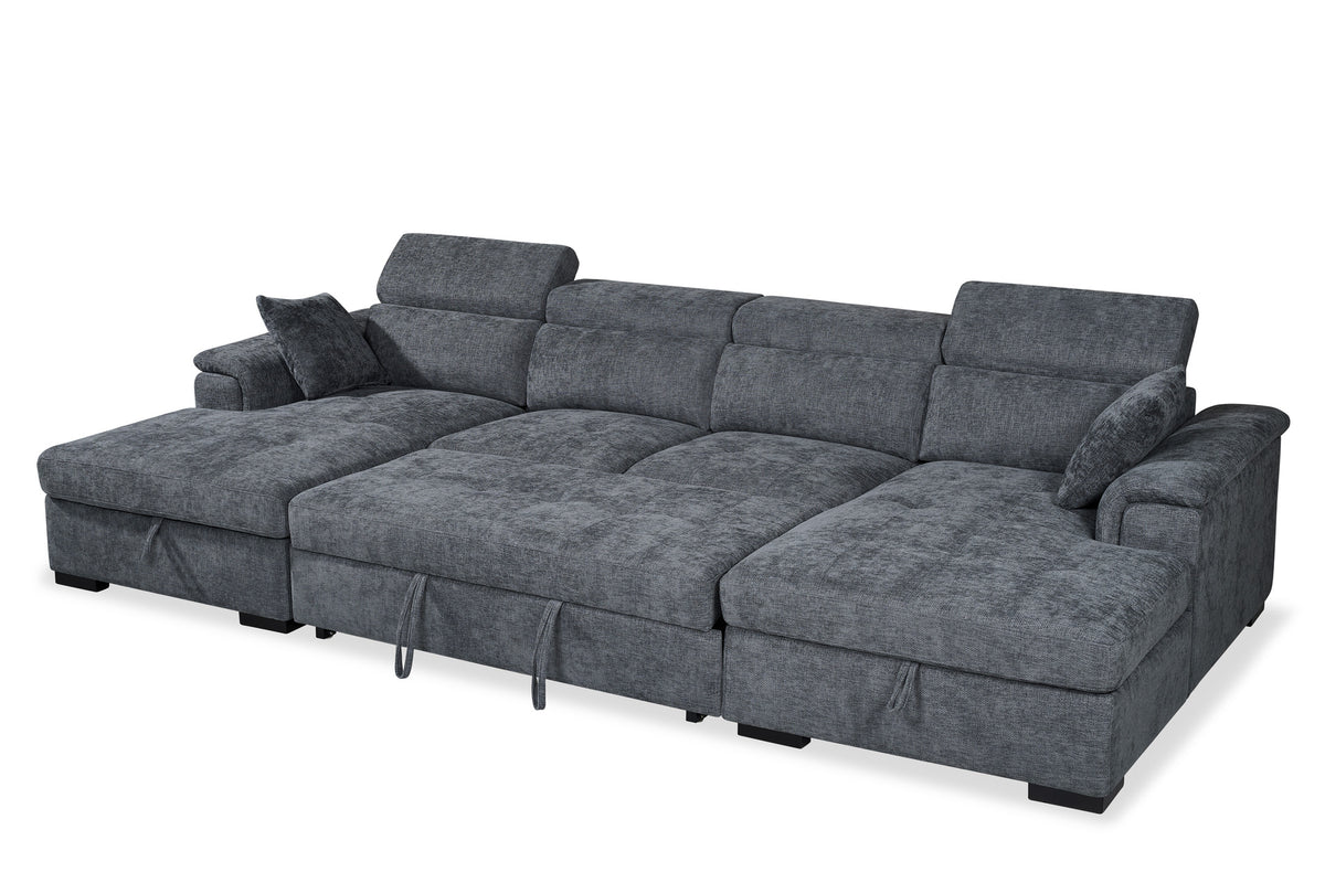 Blue Chenille 4 Seater U-Shaped Sofa Bed with Storage DANNY