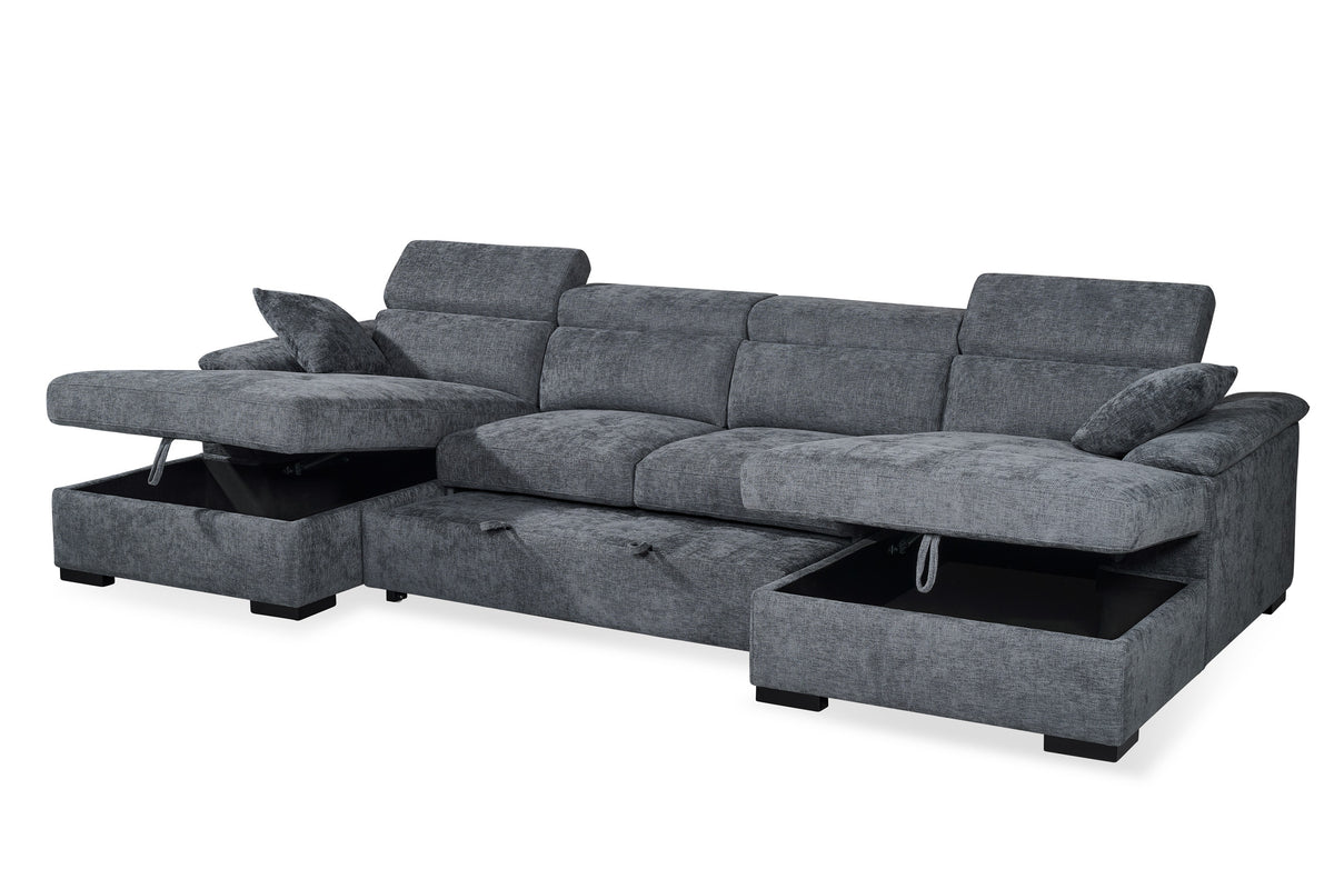 Blue Chenille 4 Seater U-Shaped Sofa Bed with Storage DANNY
