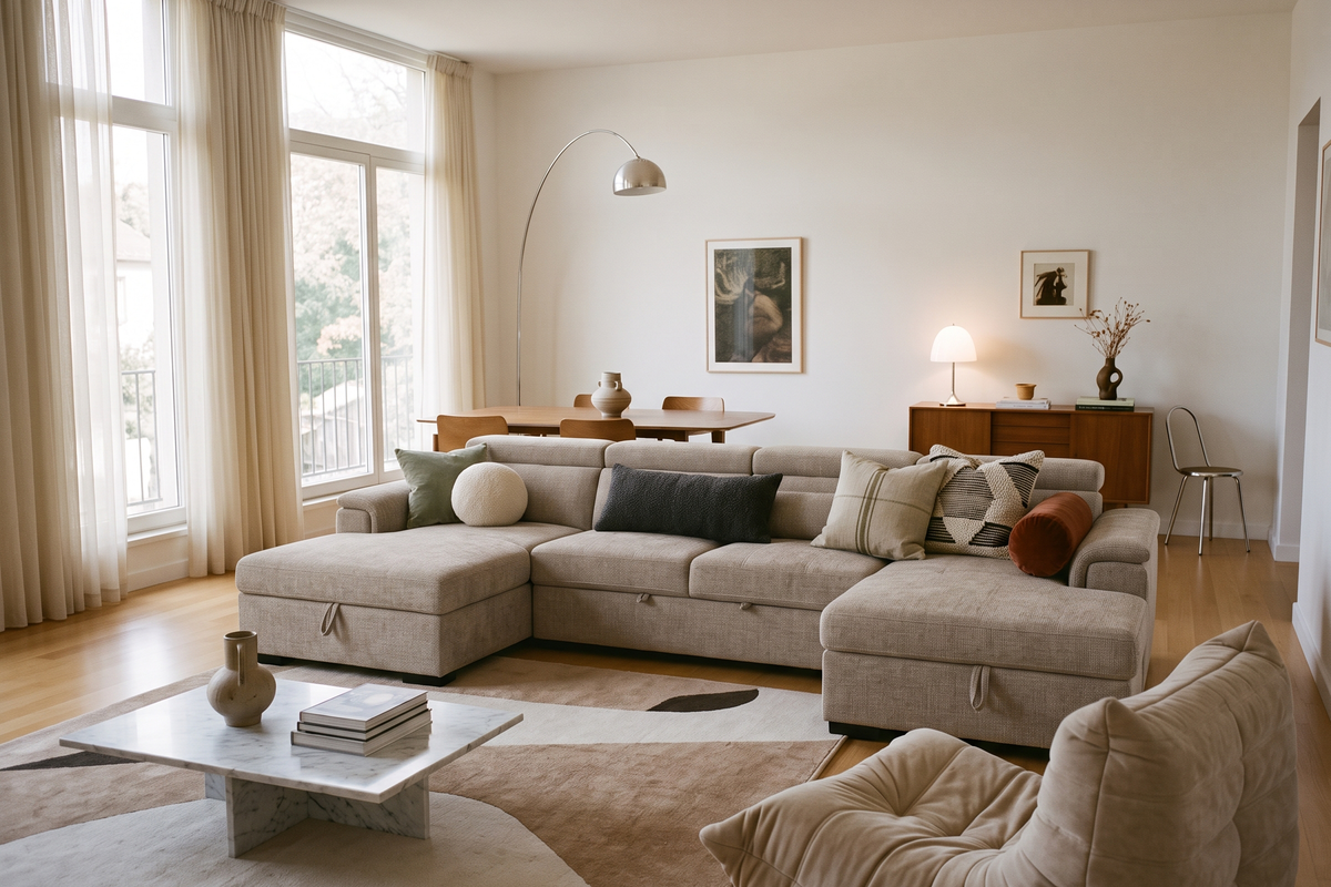 Green Chenille 4 Seater U-Shaped Sofa Bed with Storage DANNY