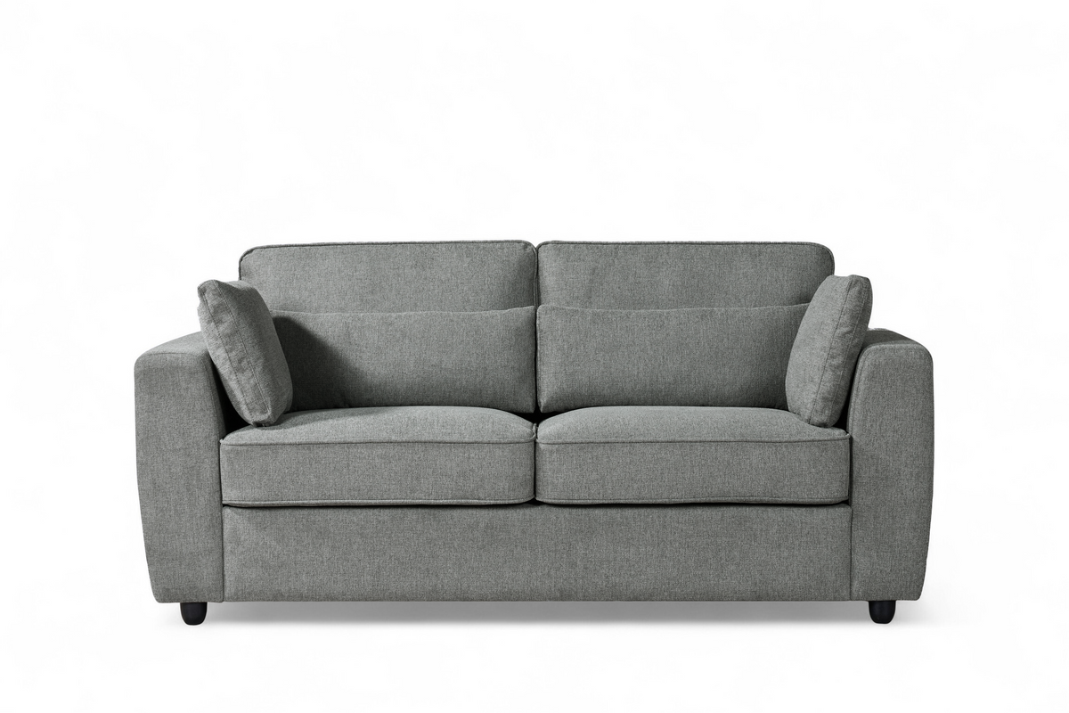 dark grey 2 seater sofa upholstered in soft dark grey chenille fabric with fixed back cushions and additional accent cushions
