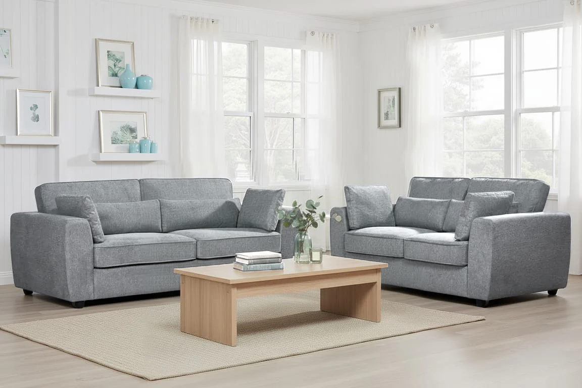 dark grey chenille 3 seater sofa and 2 seater sofa set with bolster cushions and accent cushions in a living room