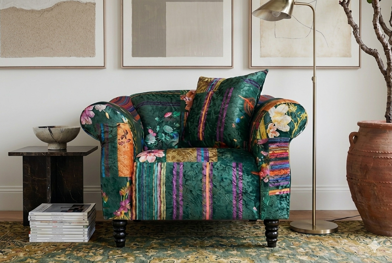 Fabric Green Patchwork 1 Seater Sofa AVICI SHOUT – Lovesofas
