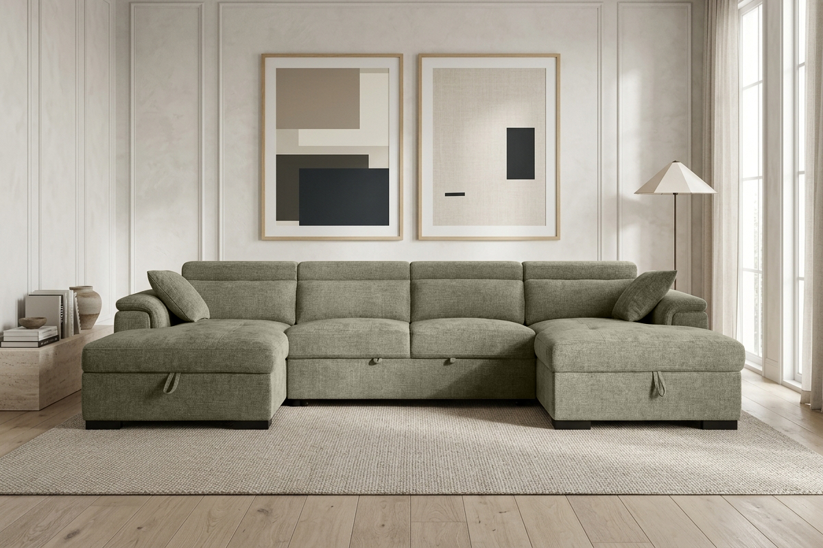 Green Chenille 4 Seater U-Shaped Sofa Bed with Storage DANNY