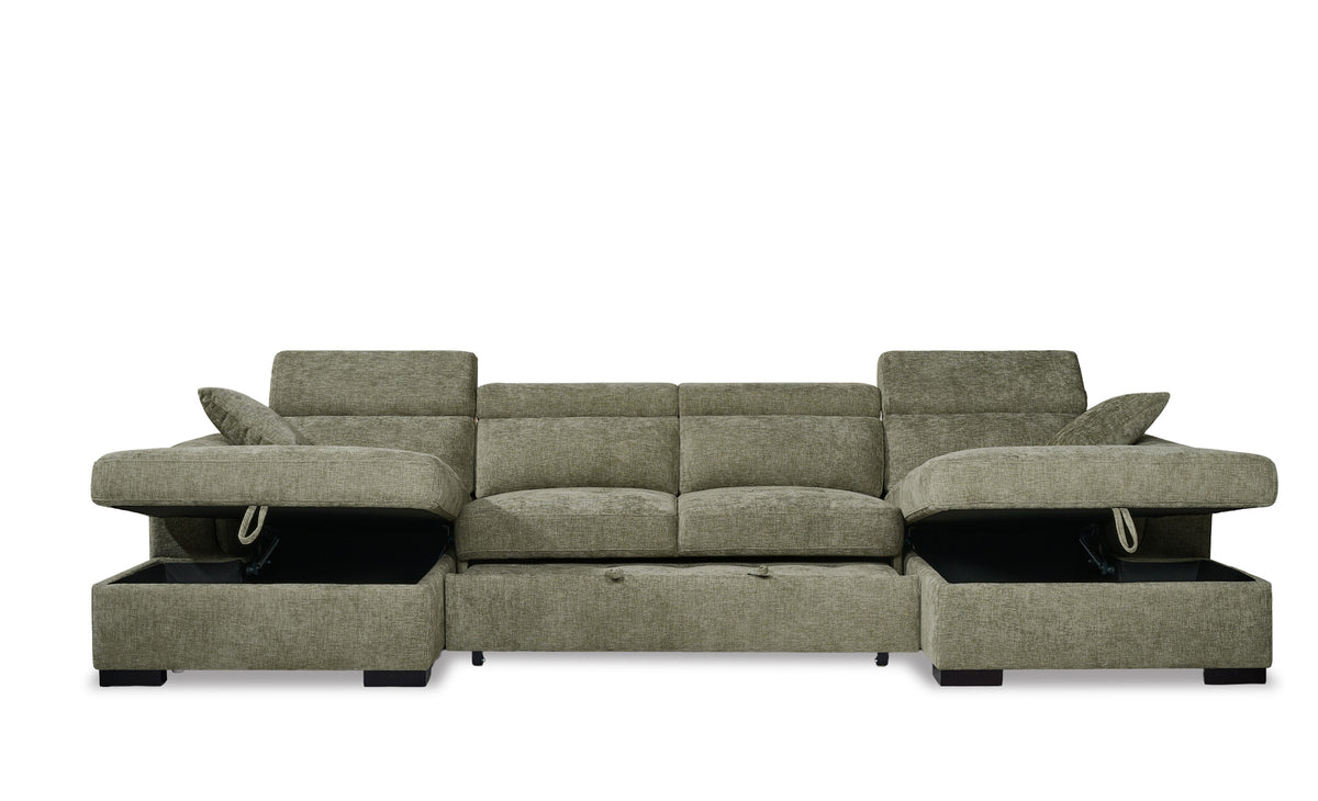 Green Chenille 4 Seater U-Shaped Sofa Bed with Storage DANNY