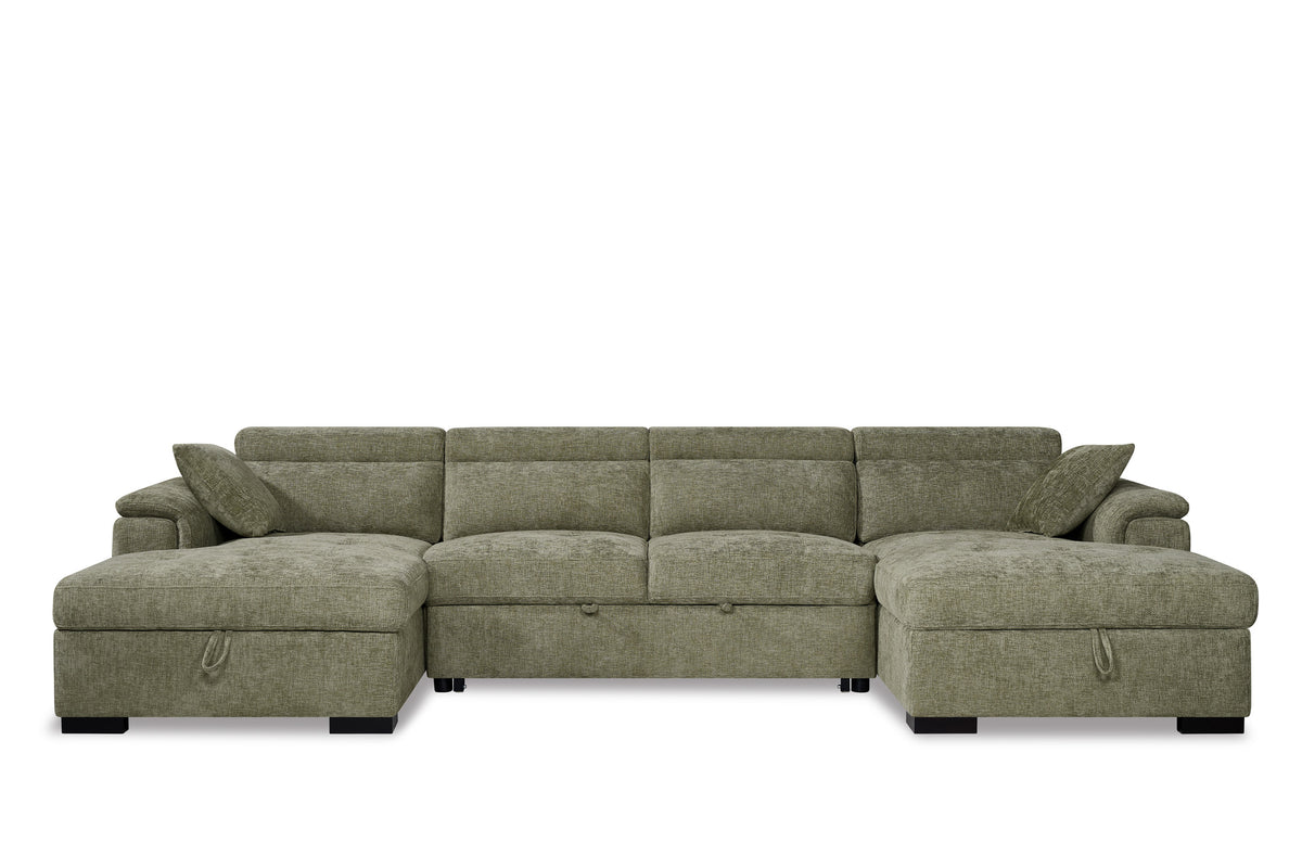 Green Chenille 4 Seater U-Shaped Sofa Bed with Storage DANNY
