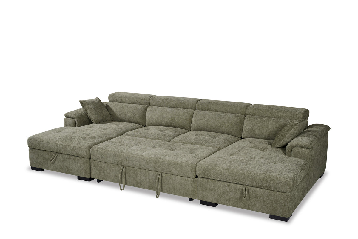 Green Chenille 4 Seater U-Shaped Sofa Bed with Storage DANNY