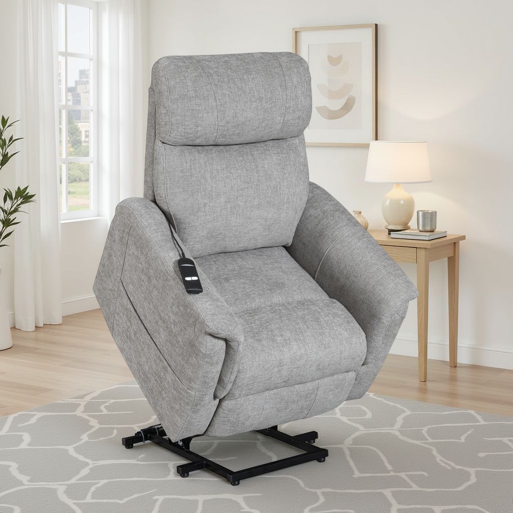 electric grey lift chair upholstered in chenille