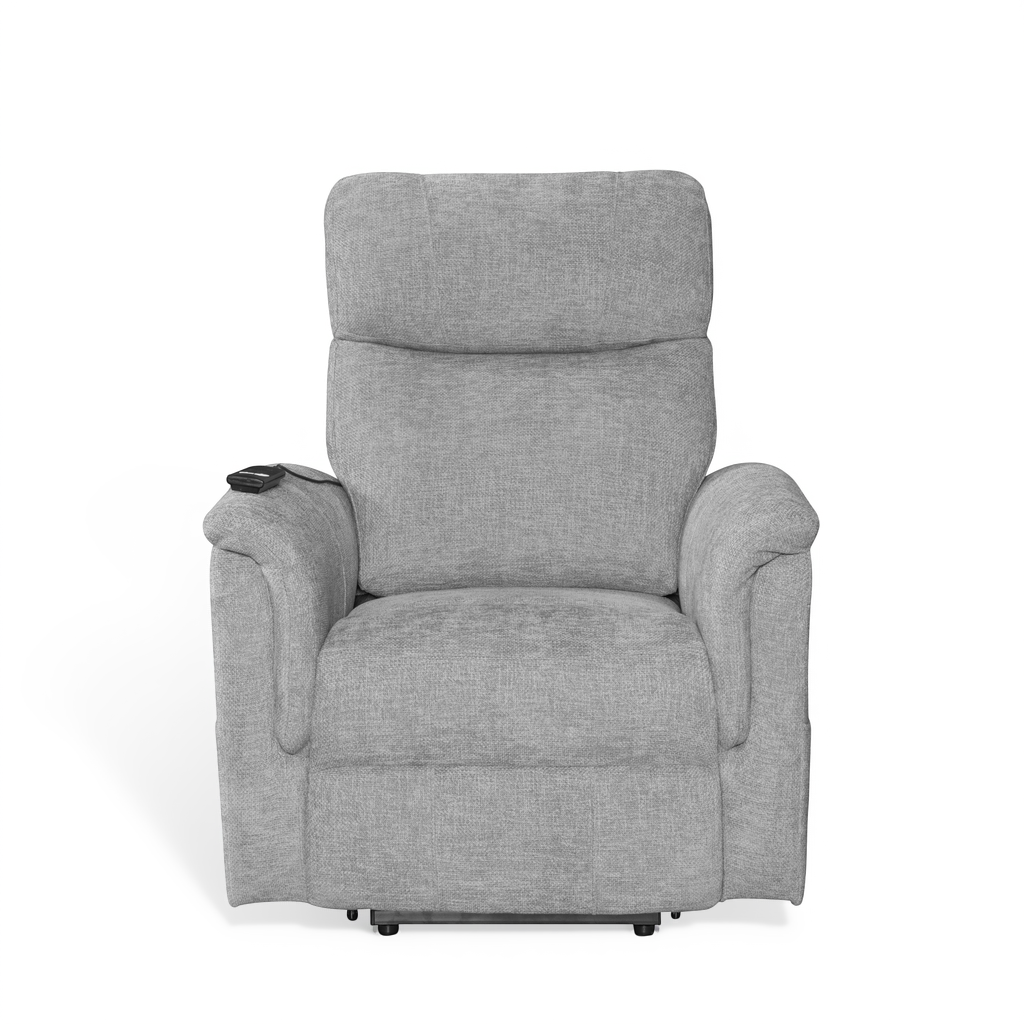 electric grey lift chair upholstered in chenille