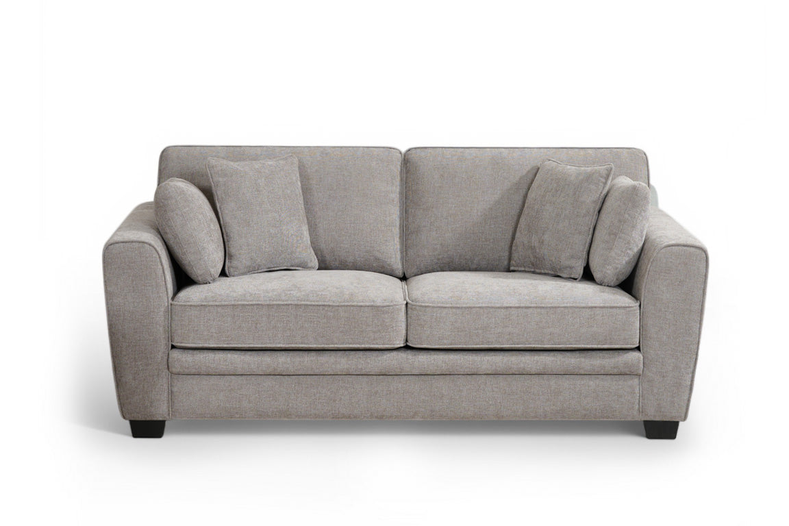 grey 2 seater sofa with extra comfortable soft filling and four accent cushions with fixed back upholstered in grey chenille
