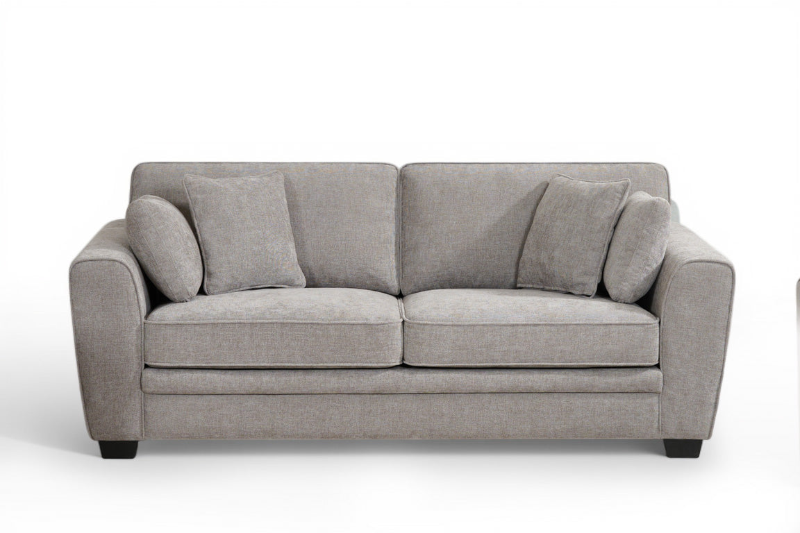 grey 3 seater sofa with extra comfortable soft filling and four accent cushions with fixed back upholstered in grey chenille
