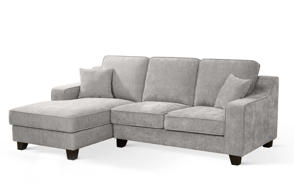 l-shaped corner sofa with left hand facing chaise section upholstered in grey chenille fabric in modern style