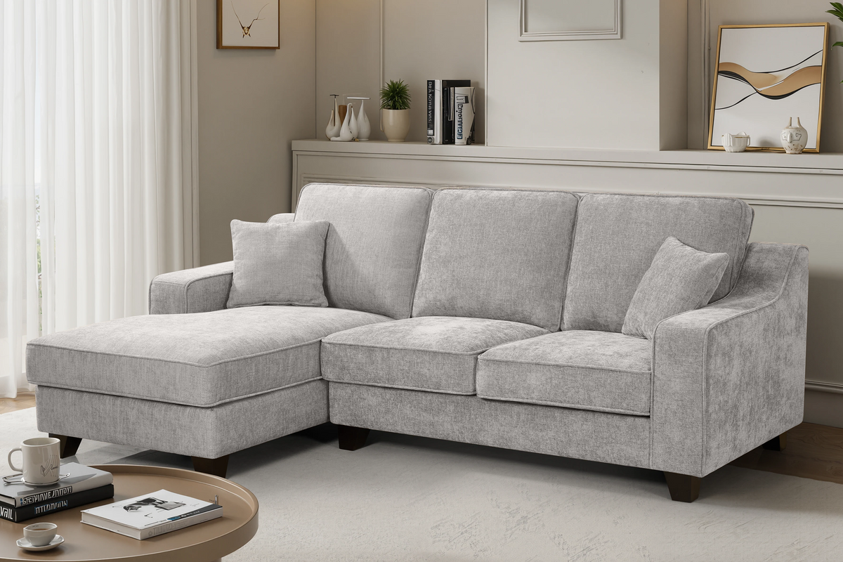 l-shaped corner sofa with left hand facing chaise section upholstered in grey chenille fabric in modern style