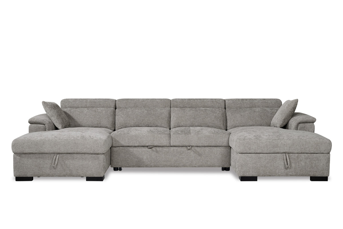 Grey Chenille 4 Seater U-Shaped Sofa Bed with Storage DANNY