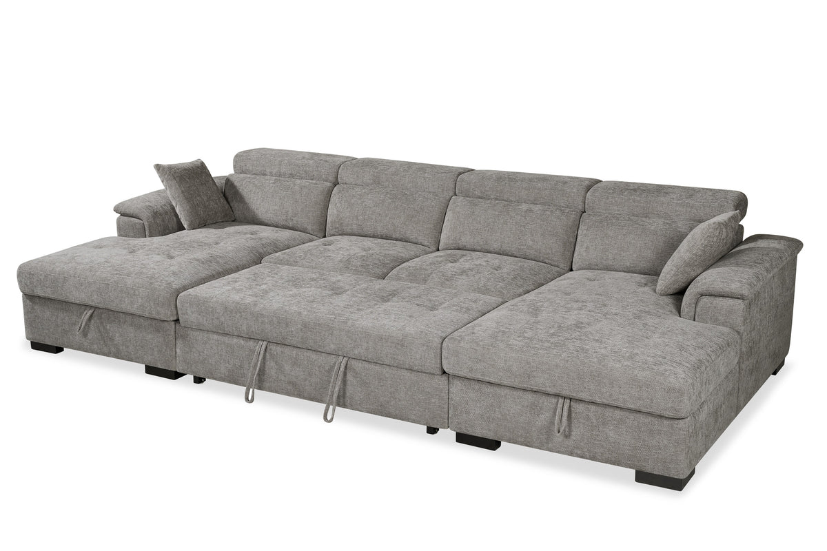 Grey Chenille 4 Seater U-Shaped Sofa Bed with Storage DANNY