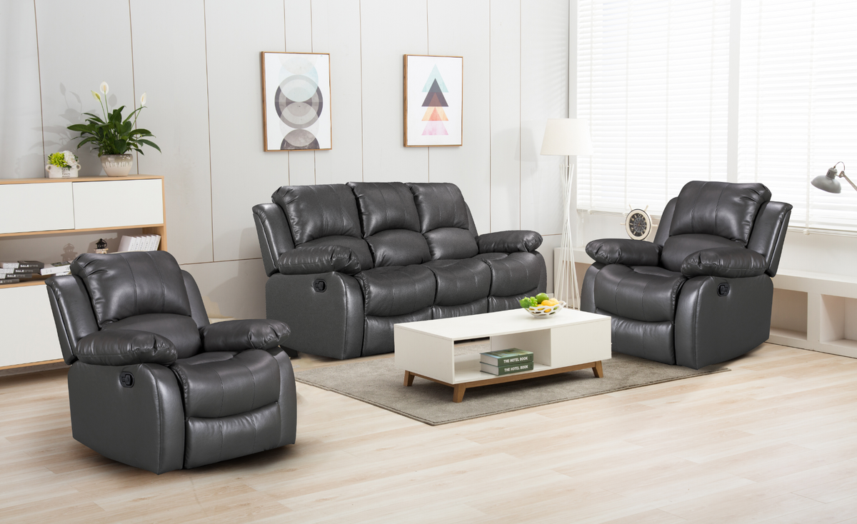 Faux Leather Grey 3 + 1 + 1 Seater Manual Recliner Sofa Set VALENCIA