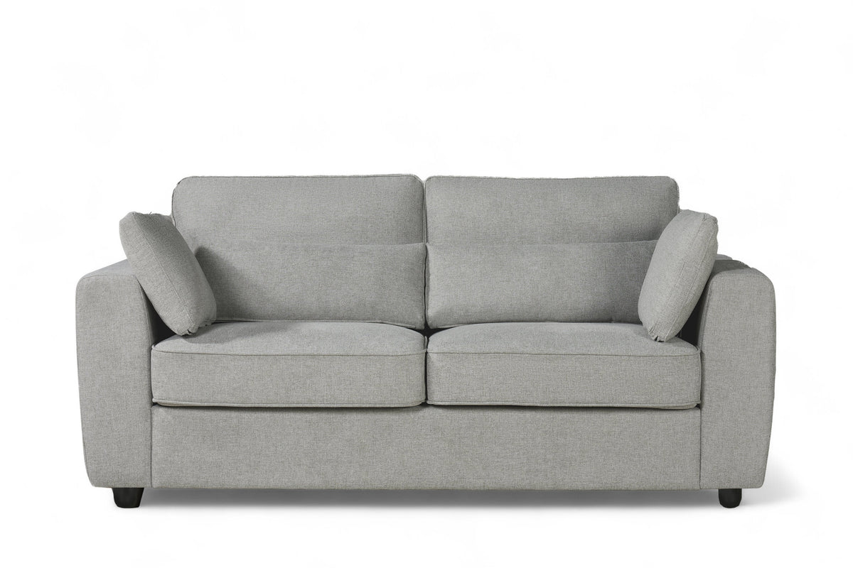 light grey 2 seater sofa upholstered in soft light grey chenille fabric with fixed back cushions and additional accent cushions