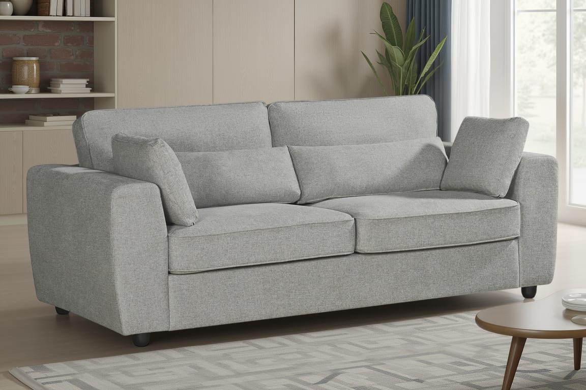 light grey chenille 3 seater sofa with two bolster cushions and two accent cushions in a living room setting
